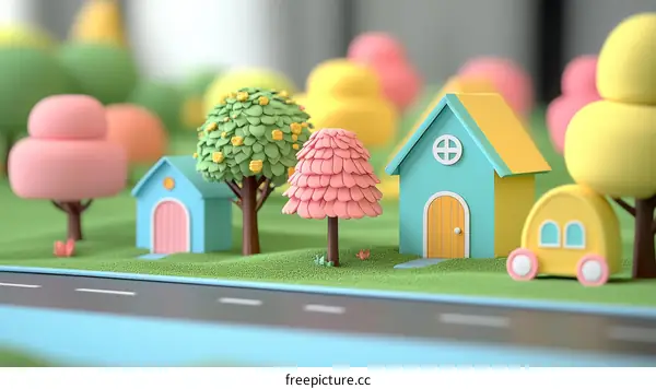 Cute Cartoon Miniature Town Scene