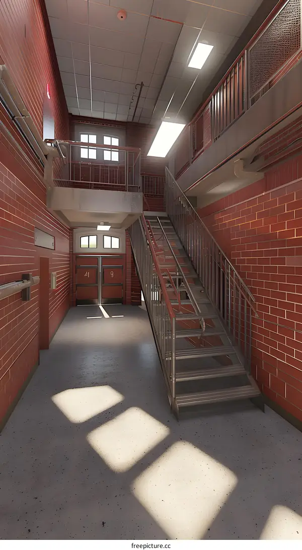 Modern Building Interior with Brick Walls and Staircase