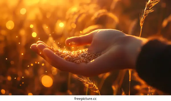 Golden Wheat Grains in a Hand at Sunset
