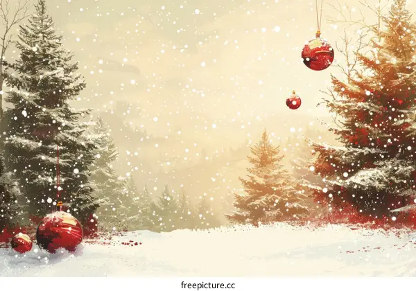 Snowy forest with red Christmas ornaments