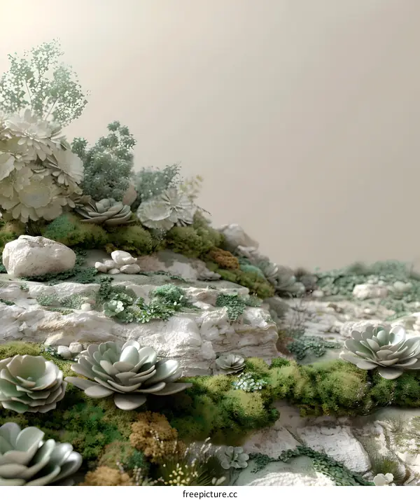Green Succulents and Moss on Rock Hill with Beige Background