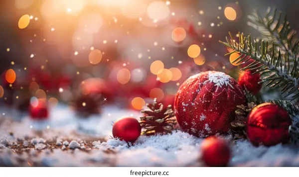 Red and gold Christmas ornaments on snow