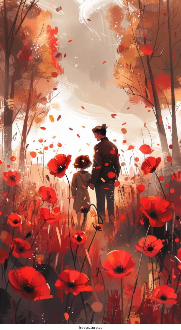 A couple is walking through a field of red flowers