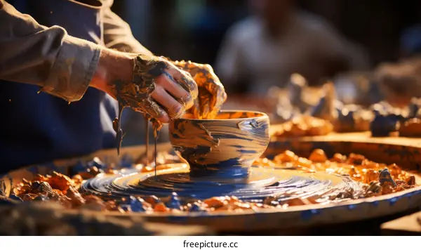 The potter's hands are covered in clay as he shapes a bowl on the wheel.