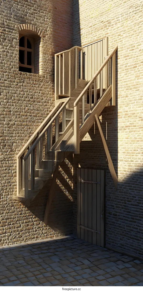Wooden Staircase Against Brick Wall