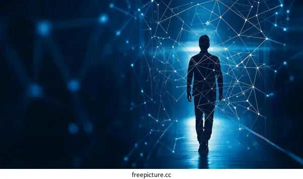 Abstract Silhouette of Person Walking Through Digital Network