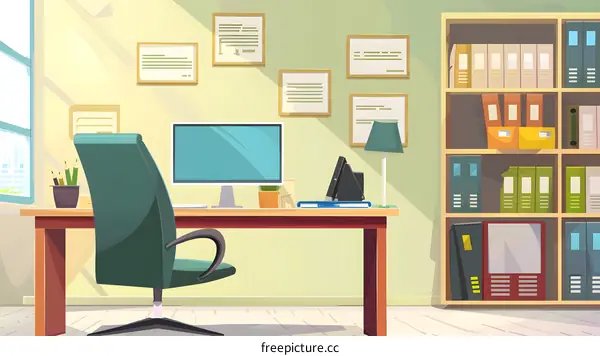 Modern Office Desk Illustration With Computer, Chair, and Bookshelf