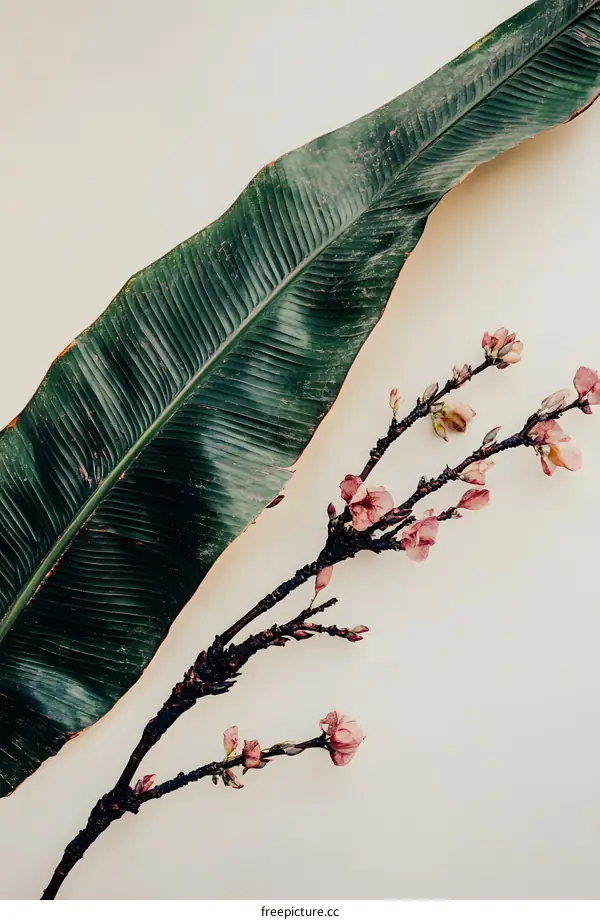 Green Leaf and Pink Flowers on a White Background