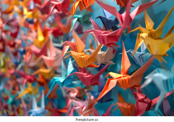 Colorful Paper Cranes in Flight