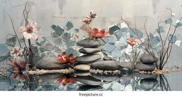Still life of a stack of stones and pink flowers with a mirror background