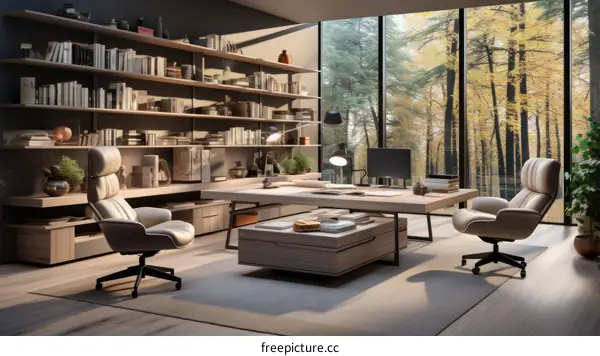Modern Home Office with Forest View and Abundant Light