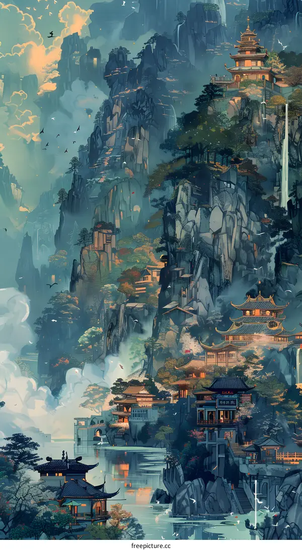 ancient chinese architecture landscape painting