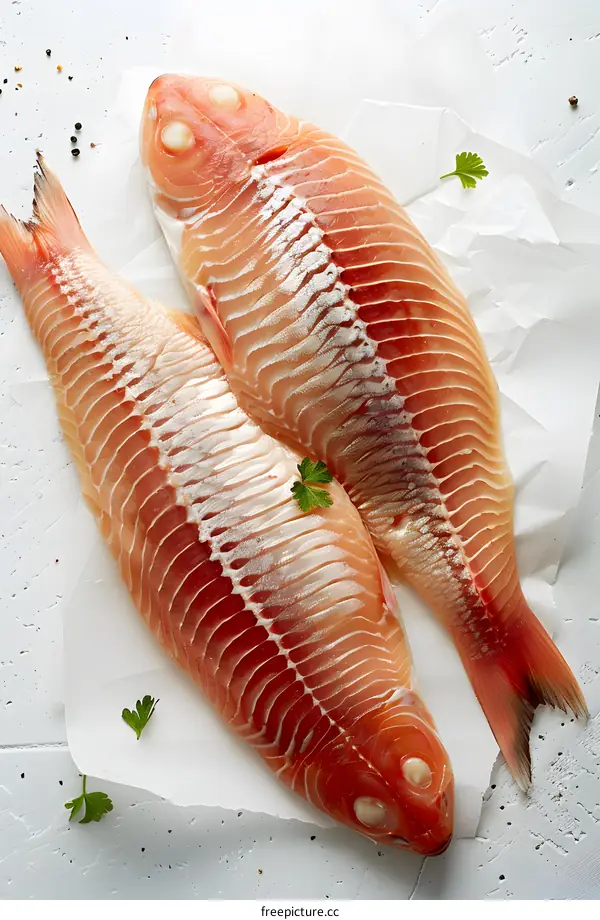 Two red snappers on a white table