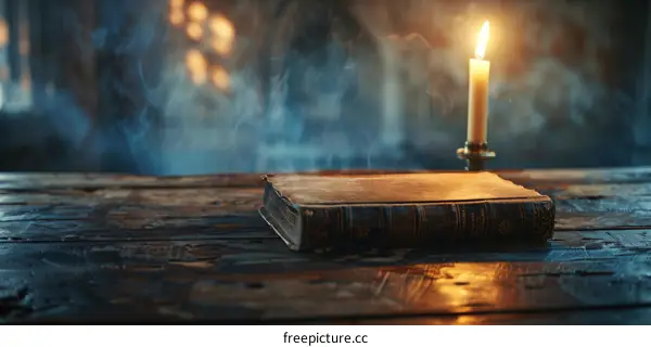 A single candle burning on a wooden table next to an old book