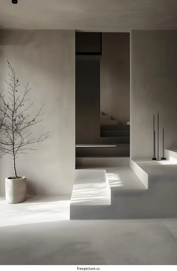 Minimalist Interior Design With Concrete Steps And A Tree