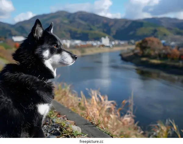A dog is sitting on the edge of a riverbank, looking at the river and mountains in the distance