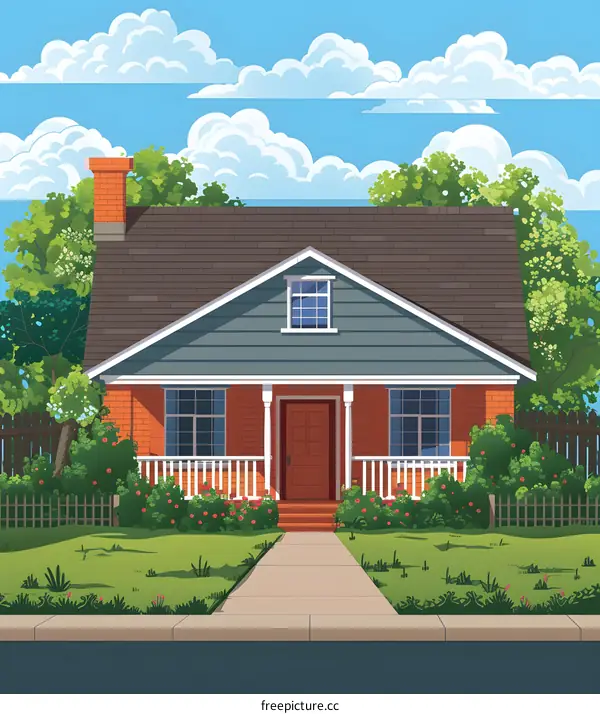 Suburban House with Green Lawn and Fence