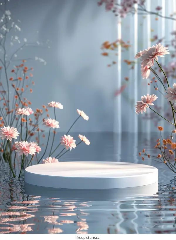 3D rendering of a pink flower bouquet on a white podium with a blue background