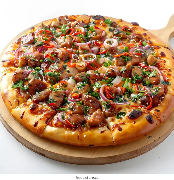 Delicious Chicken Pizza on Wooden Board