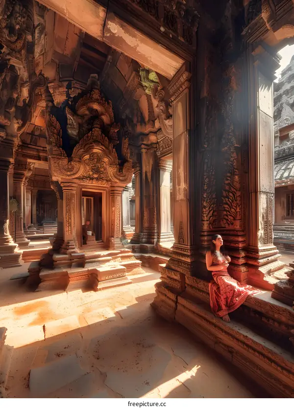 Woman Sitting on the Edge of Stone in the Temple of Angkor Wat