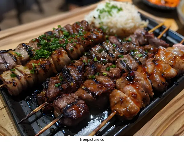 Grilled Meat Skewers with Rice and Green Onions