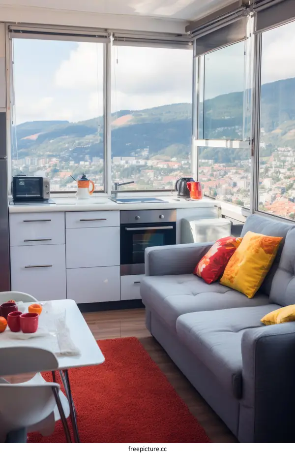 A bright and modern kitchen with a view of the city through a large bay window