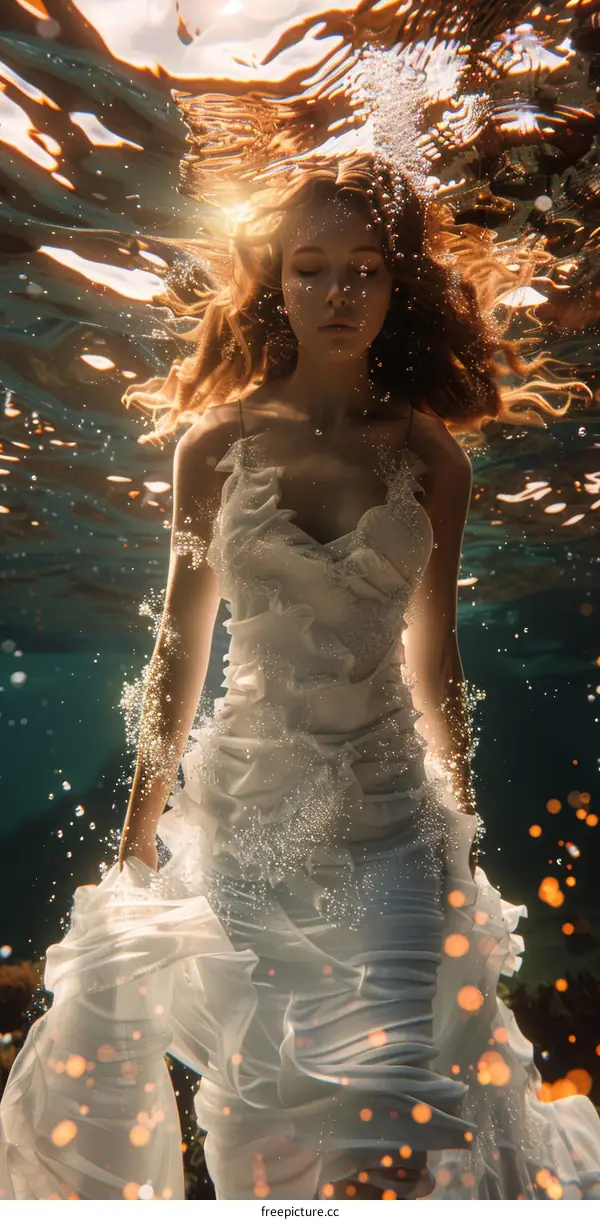 Woman in White Dress Floating Underwater