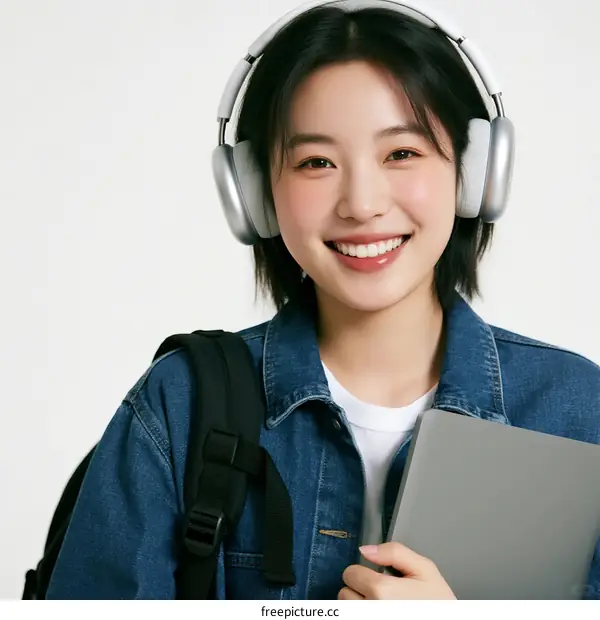 Young woman wearing headphones and holding a tablet