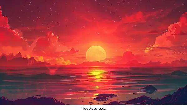 Mesmerizing Red Moon over the Serene Sea