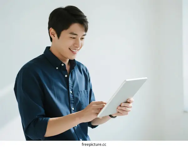 Young man using a tablet device in a bright room
