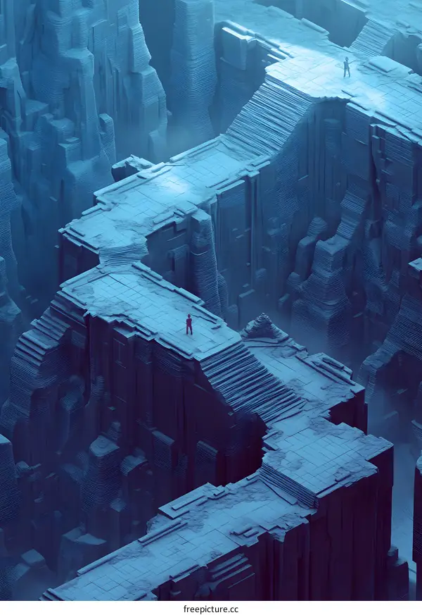 Abstract Illustration of a Futuristic City With Two Figures Walking on Narrow Bridges