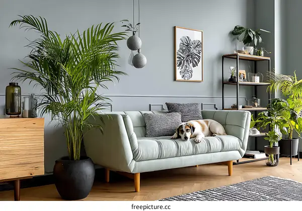 Modern Living Room with Plants and Dog