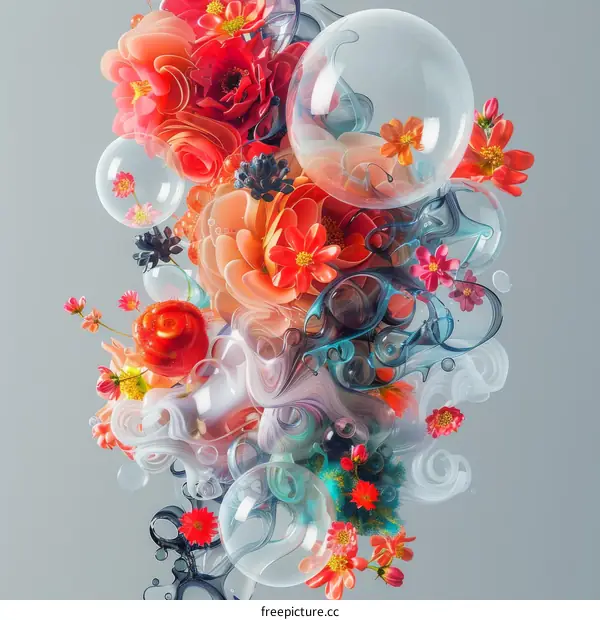 Colorful flowers and bubbles