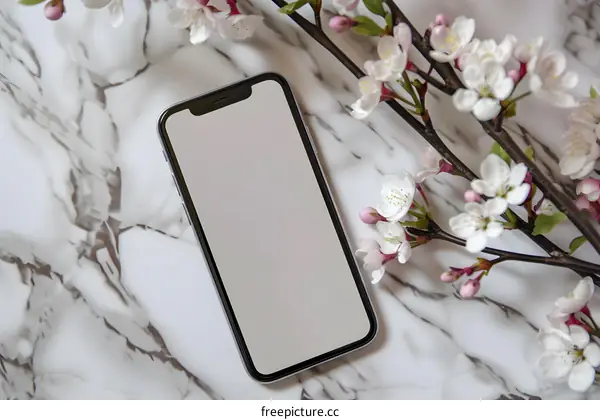 White Flowers and Smartphone on Marble Background