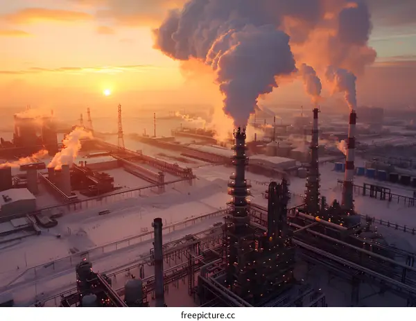 Aerial View of an Industrial Plant with Smoke Stacks and Sunset