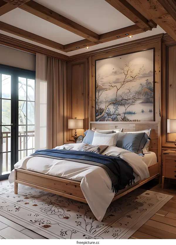 A cozy bedroom decorated with wooden bed and Chinese painting