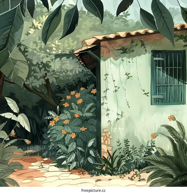 Green House Illustration With Pathway And Flowers