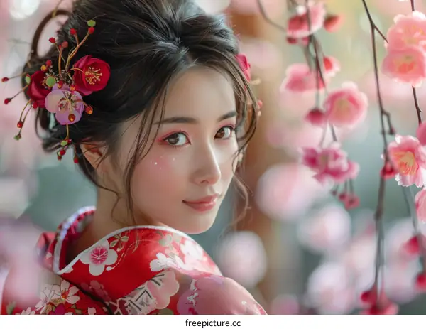 Portrait of a beautiful Japanese woman in traditional kimono with pink flowers in her hair