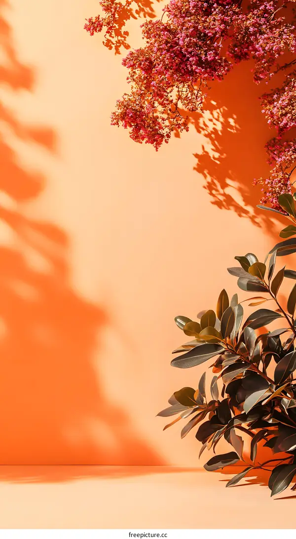 Orange Wall With Green Leaves and Pink Flowers