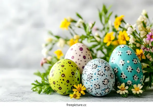 Decorated Easter Eggs Among Spring Flowers