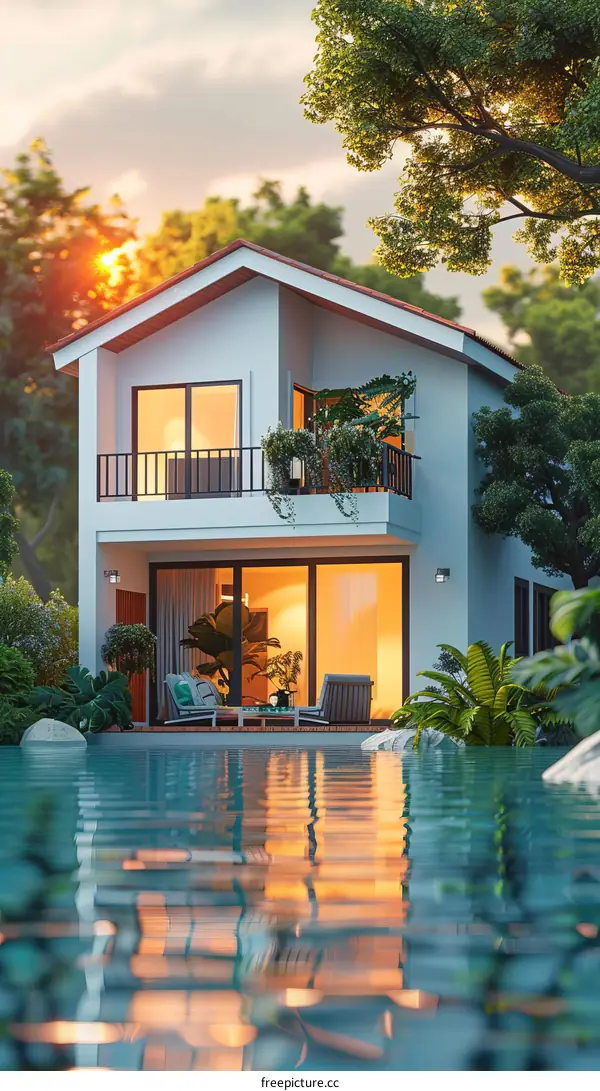 3D rendering of a modern house with a swimming pool