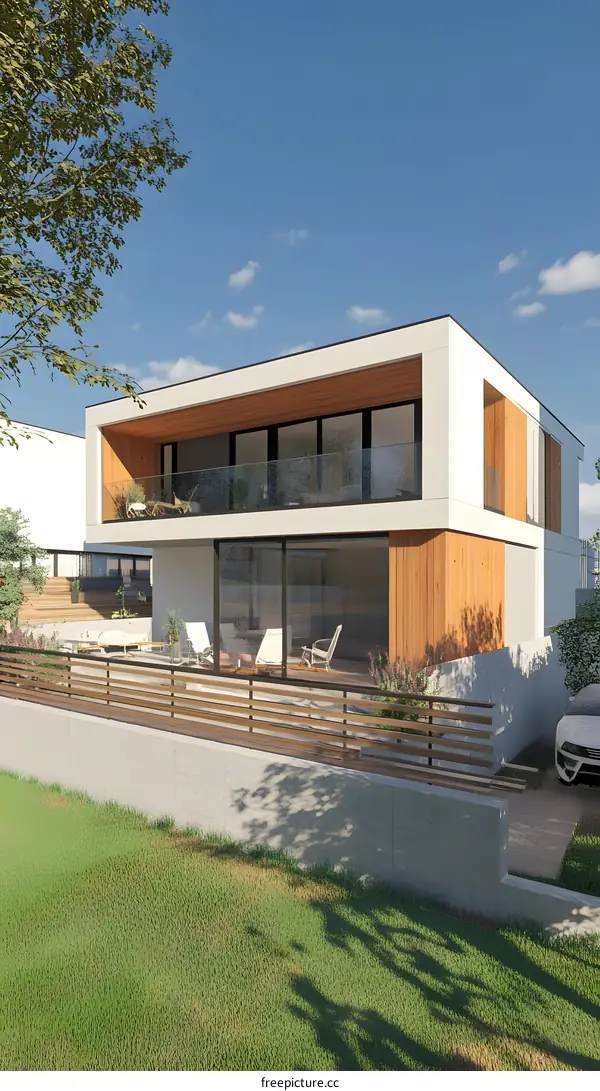 Modern Two Story House with Wooden Deck and Balcony