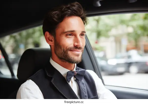 Handsome man in formal wear sitting in car