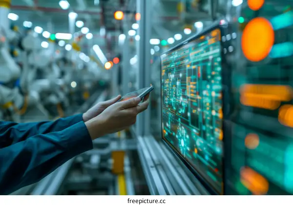 Engineer analyzing production data on a digital screen in a smart factory