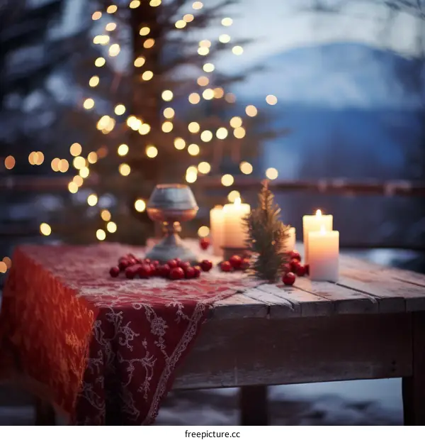 Christmas Table in Snow with Lighted Christmas Tree