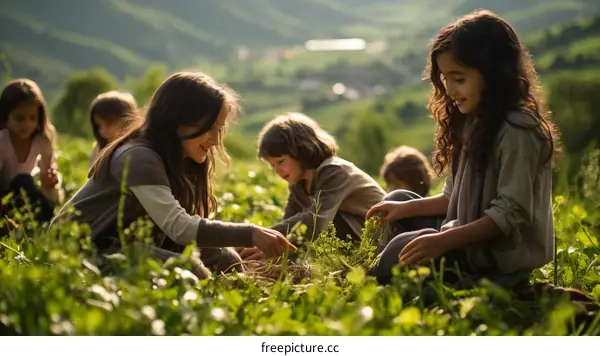 Five happy children are playing in the green field