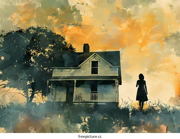 A girl standing in front of a haunted house