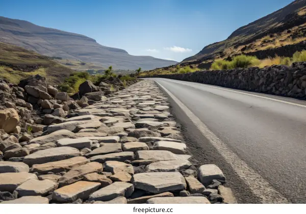 A stone wall protecting a road