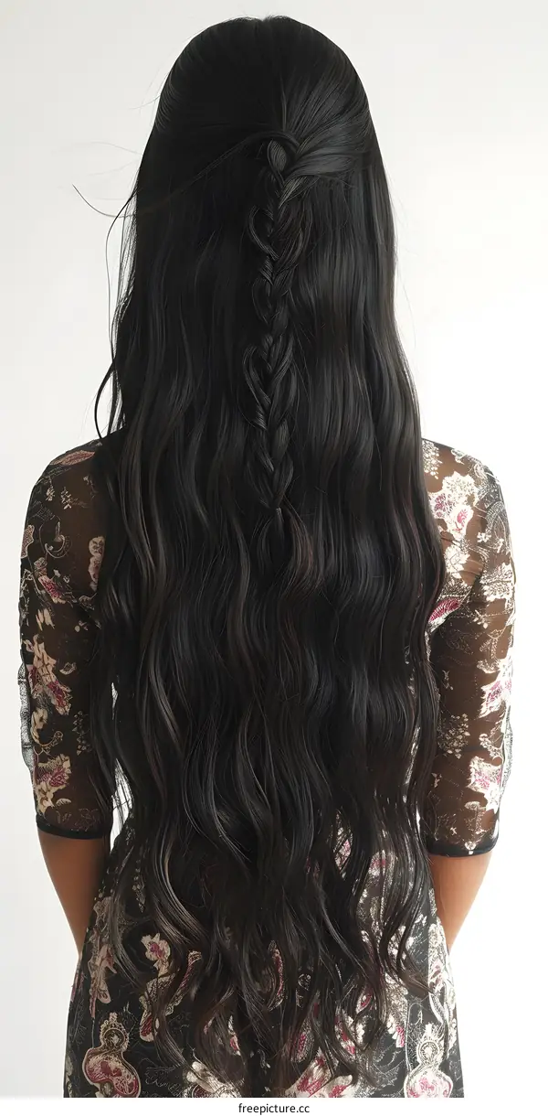 Brunette woman with long wavy hair wearing a floral dress