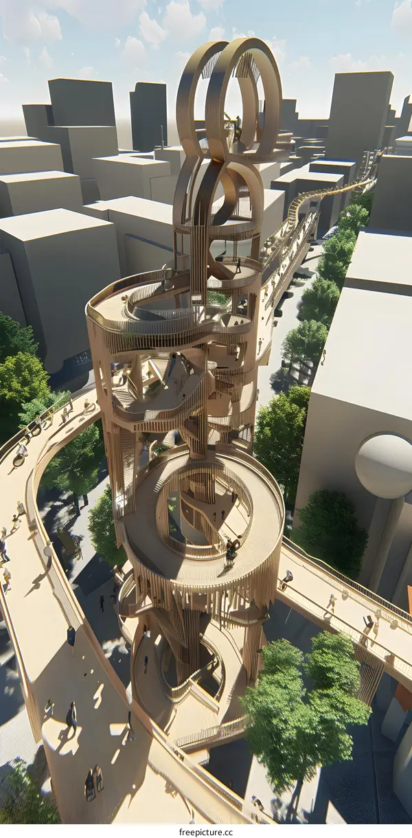 Modern Wooden Structure with Spiraling Walkways